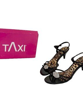 TAXI Claire-01 Black Rhinestone Sandals Size 41 Leopard Print Insole Kitten Heel